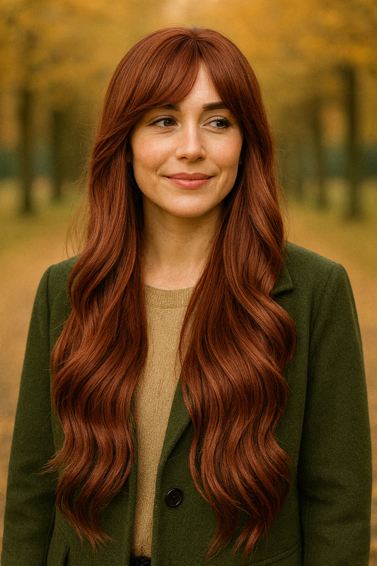 Amber - 26" Sunlit Copper Loose Curl Wig with Side Bangs