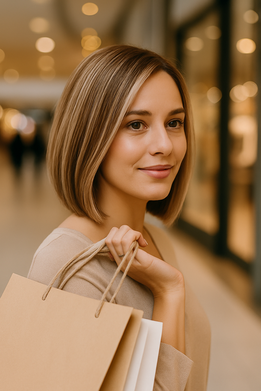 Giselle – 12" Ash Brown Bob Wig with Blonde Highlights