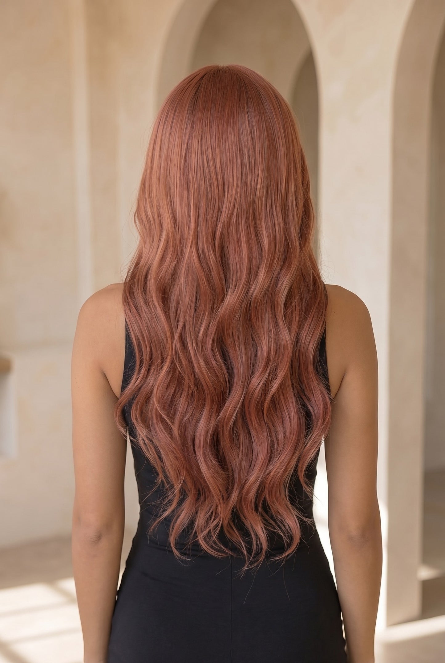 Amber - 26" Soft Auburn Copper Wave Wig with Curtain Fringe