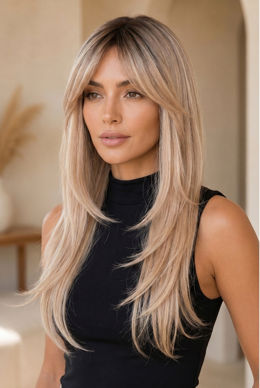 Talia – 24” Champagne Blonde Layered Wig with Side-Swept Fringe