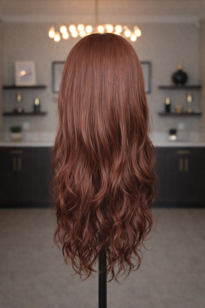 Amber - 26" Sunlit Copper Loose Curl Wig with Side Bangs