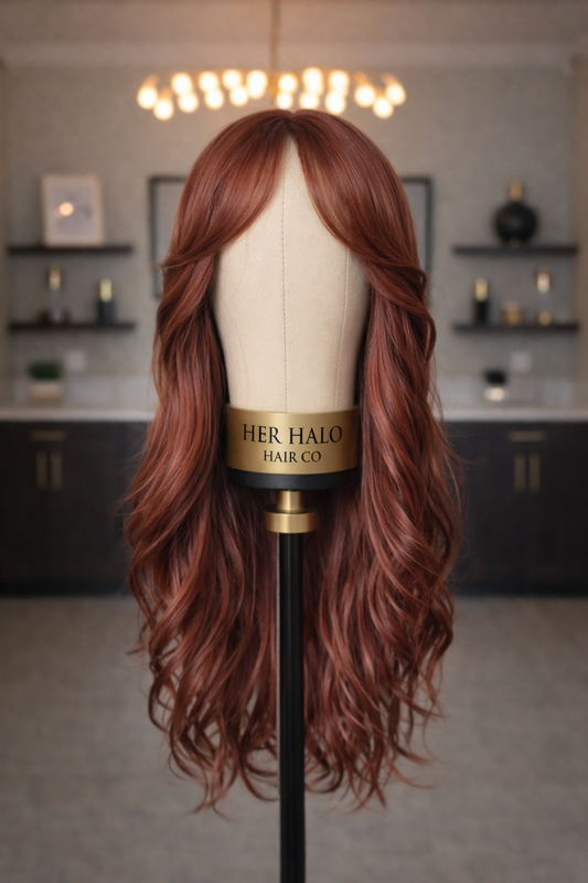 Amber - 26" Sunlit Copper Loose Curl Wig with Side Bangs
