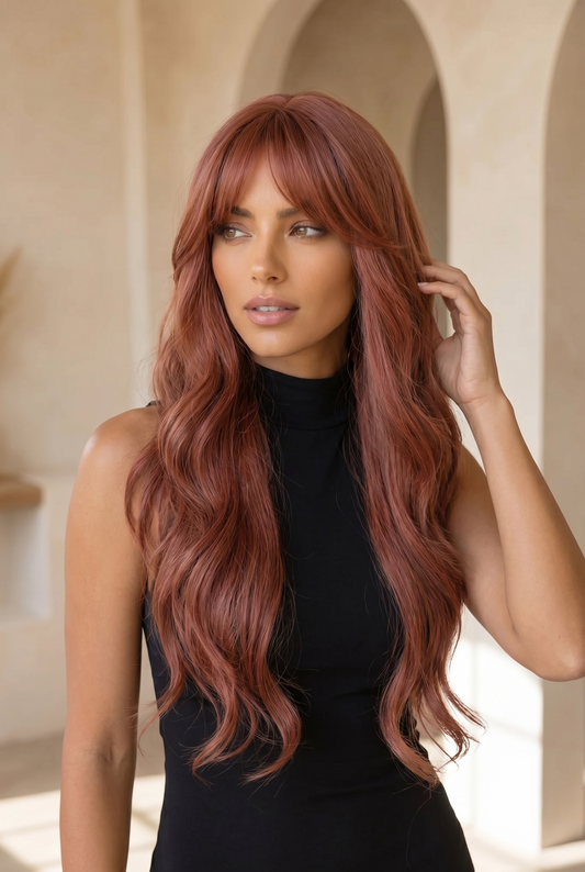 Amber - 26" Soft Auburn Copper Wave Wig with Curtain Fringe