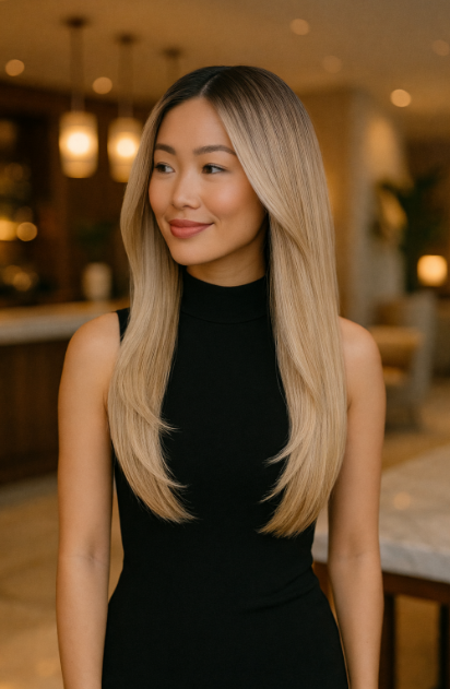 Talia – 24” Champagne Blonde Layered Wig with Side-Swept Fringe